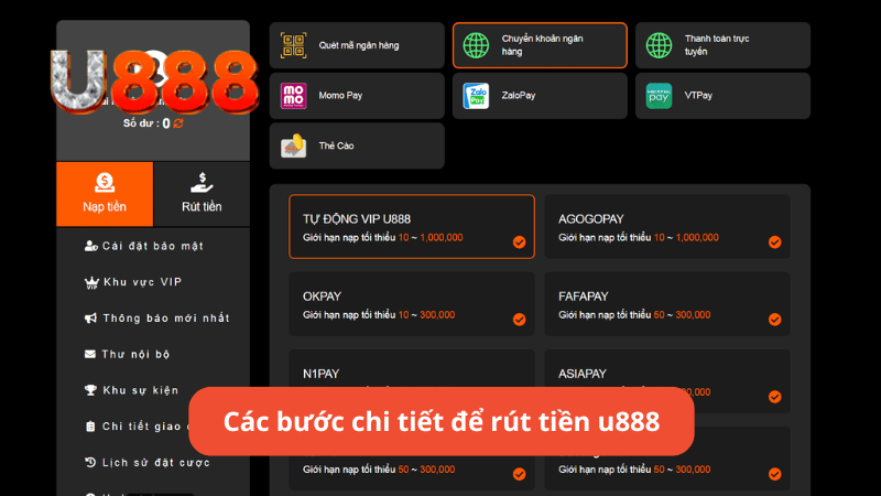 Các bước chi tiết để rút tiền u888