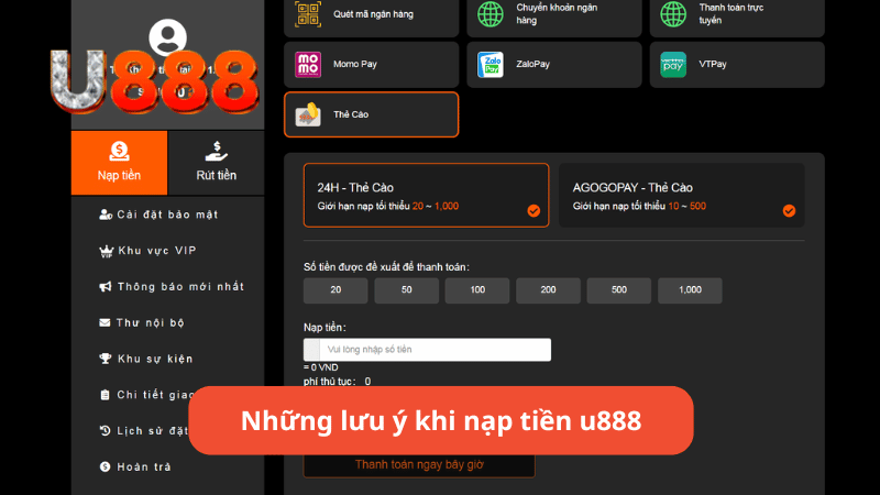 Những lưu ý khi nạp tiền u888